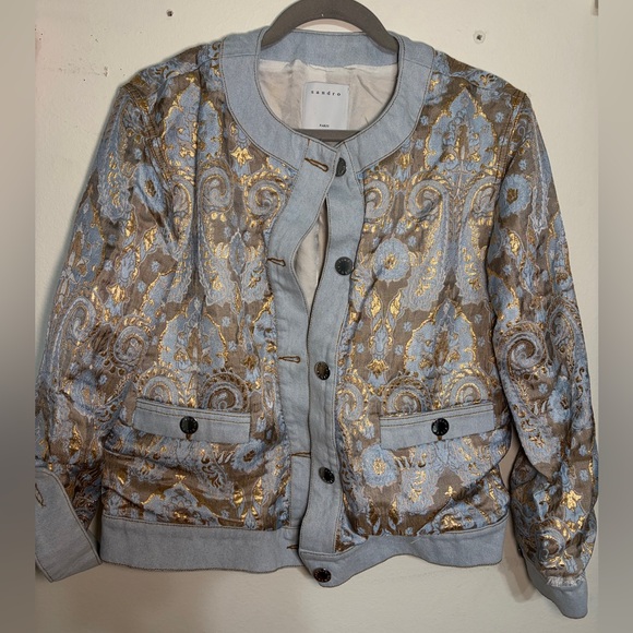 Elegant Women's Blue and Gold Bomber Jacket - Picture 11 of 16